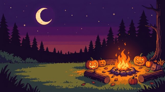16-Bit Pixel Art Halloween Campfire Banner with Jack-O-Lanterns and Moonlit Forest Background