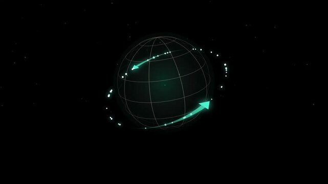 Abstract digital earth globe wireframe with glowing teal arrows representing global connection and data transfer