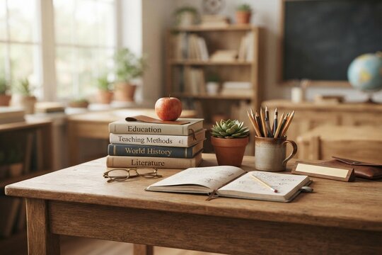 elegant wooden desk with stacked books, pencils, notebook, apple and small green plant, warm classroom atmosphere, World Teachers' Day concept