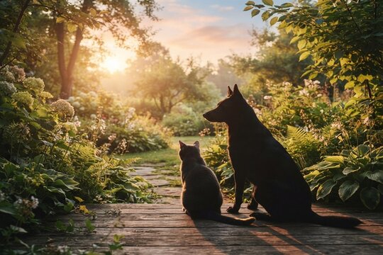World Animal Rights Day concept, peaceful black dog and cat sitting together beside green plants in a warm natural environment