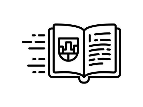 Open book with shield symbol and speed lines indicating fast learning or knowledge transfer