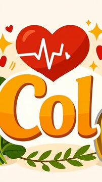 Illustrated healthy heart and olive oil with leafy greens and bold "col" lettering, heart rate ecg icons and nutrition concept