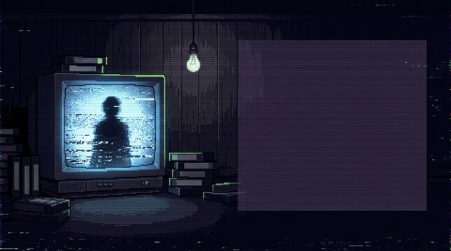 Retro 16-bit pixel art banner of a haunted CRT television in a dark basement with copy space.