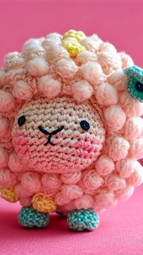 Crochet Sheep Charm: A whimsical and adorable crochet sheep with fluffy textured wool and bright, cheerful accents, sits as a delightful decorative piece or toy, handcrafted with love.