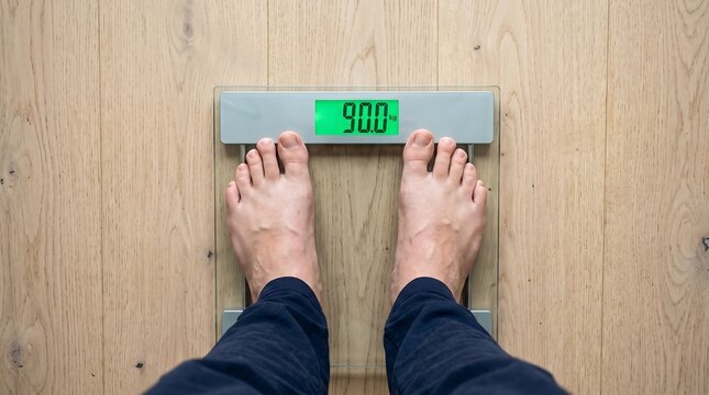 Top-down view of a person standing barefoot on a digital bathroom scale resting on a light wooden floor displaying 90.0 kg, representing weight management and health tracking.