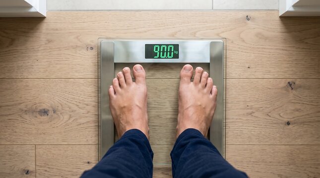 Top-down view of a person standing barefoot on a digital bathroom scale resting on a light wooden floor displaying 90.0 kg, representing weight management and health tracking.