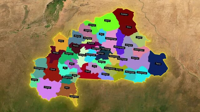 3D Animated Map of Burkina Faso Highlighting Provinces, Flag Overlay, and West Africa Borders