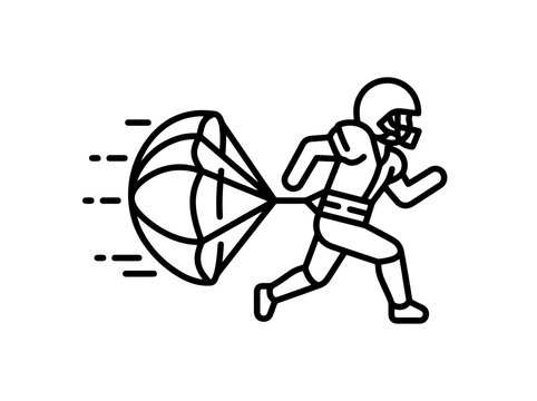 American football player with parachute running fast while pursuing victory with determination and power