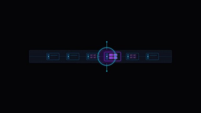 Futuristic vertical digital interface with glowing green nodes against dark background