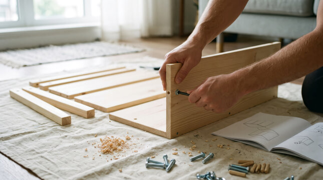 Close up of hands using a screwdriver to assemble flat pack wooden furniture on the floor next to an instruction manual. DIY furniture assembly.