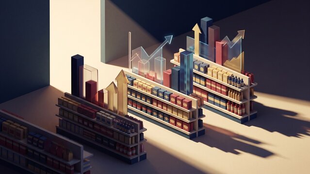 Supermarket aisle shelves with rising stock market growth charts concept 3d illustration