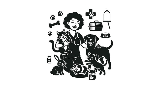 Veterinarian holding pets with animals around