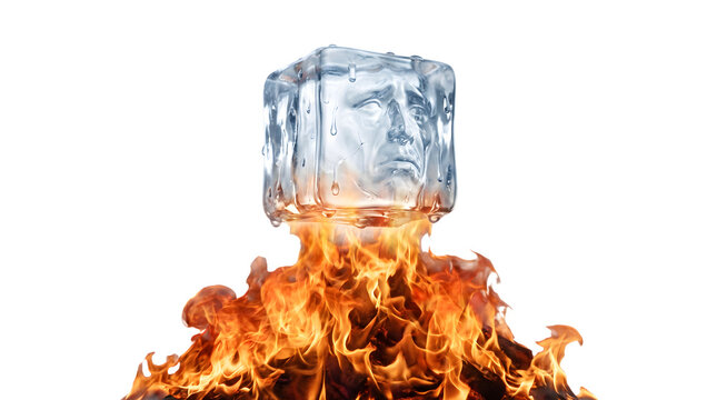 Crying Melting Ice Cube Above Huge Fire Global Warming Climate Change Concept Isolated on Transparent Background