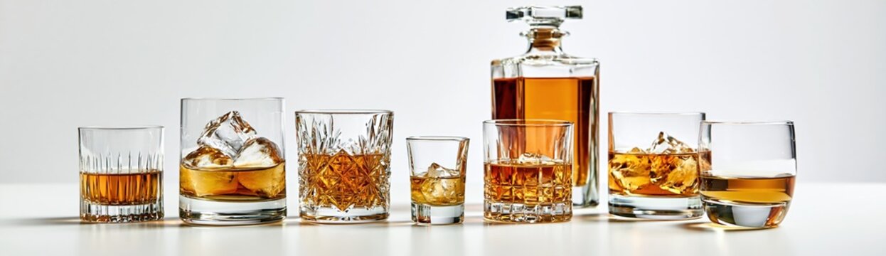 Assorted whiskey glasses with ice and decanter on