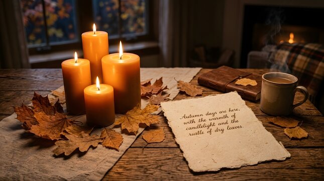 Mystical still life with burning candles ancient books and magical objects on a wooden table