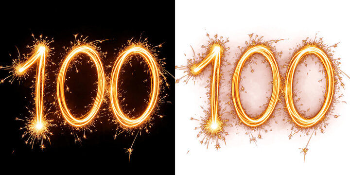 Png of number 100 written with sparkling sparklers on black and transparent background