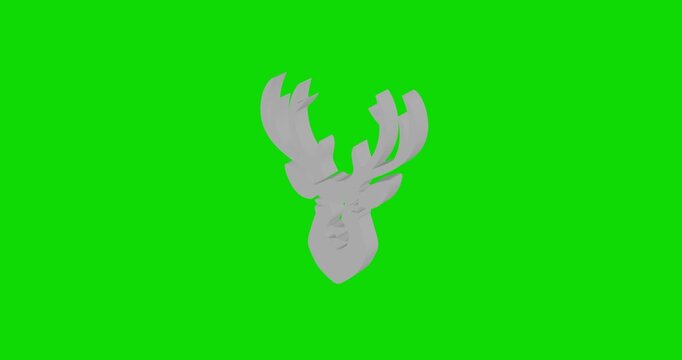 Animation of rotation of a white deer head symbol with shadow. Simple and complex rotation. Seamless looped 4k animation on green chroma key background