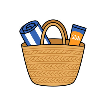 Woven Straw Beach Tote Bag with Towel and Sunscreen Clipart