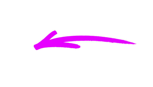 Hand painted magenta arrow sketch pointing to the left, drawn with a thick marker pen and isolated on white, drawn as a wide curved swoosh, with a natural hand made look, uneven edges and a friendly c