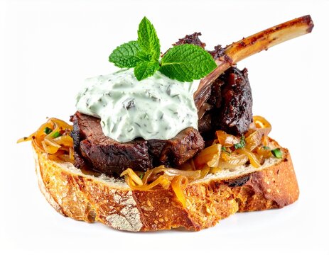 savory toasted bread topped with cooked meat and white sauce