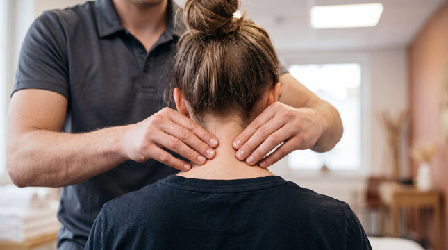 Professional massage therapist treating client neck pain in bright clinic studio
