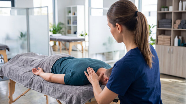 Professional massage therapist treating male patient in modern wellness clinic
