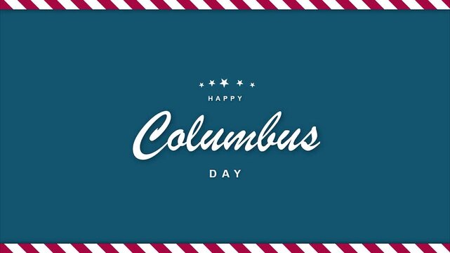 Columbus day celebration greeting banner with elegant white typography and patriotic red white striped borders on blue background for web header and social media