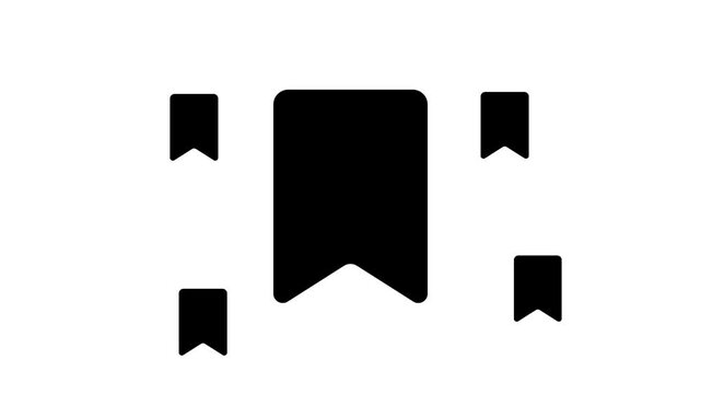 Zoom in and out animation the bookmark symbol. Large black symbol in the center and four small symbols around. Seamless looped 4k animation on white background