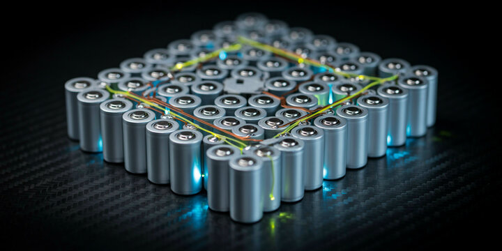 A cluster of cylindrical lithium ion battery cells arranged in a square grid with glowing blue light connections on a dark carbon fiber surface