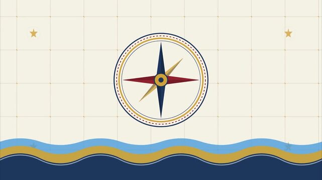 Nautical compass rose and sea waves background columbus day vintage minimalist design for historical education presentation motion graphics loop