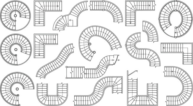Collection of architectural staircase floor plan symbols and top view designs for building blueprints, isolated on white background
