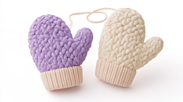 Cute 3D style winter mittens with warm wool texture pattern. Pastel lavender and soft cream cozy seasonal fashion icon connected by thread. Isolated on white background