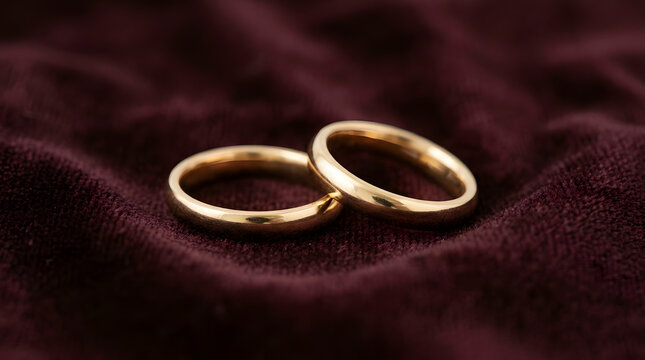 Pair of classic gold wedding bands lying on dark burgundy velvet fabric