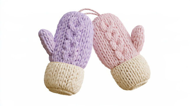 Cute 3D style winter mittens with warm wool texture pattern. Pastel lavender and soft cream cozy seasonal fashion icon connected by thread. Isolated on white background