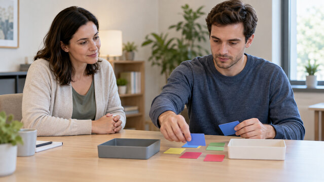 Woman therapist guides a man sorting cards during a mental health session. They sit at a table in a bright office. Concept of psychological assessment and psychosis support.
