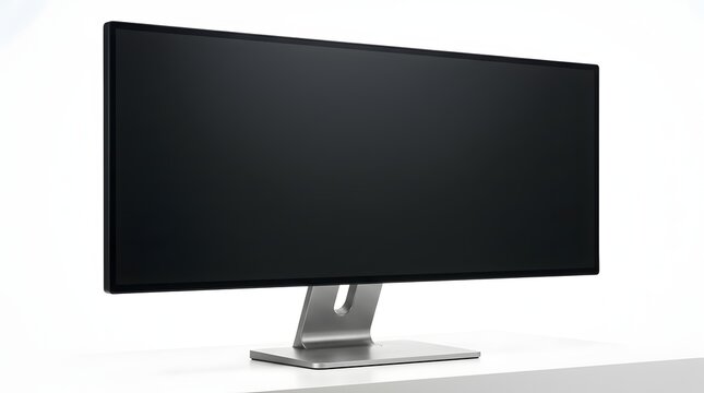 Curved ultra wide computer monitor with black screen standing on white desk