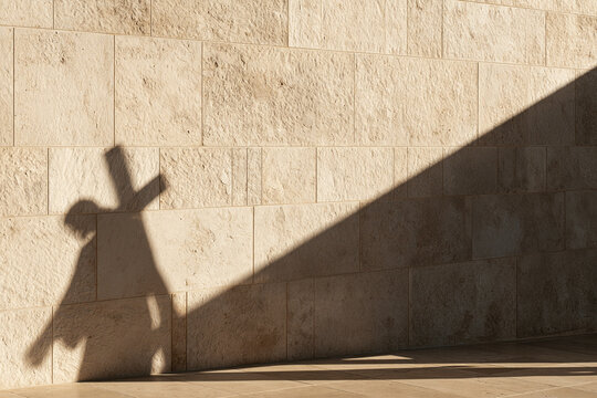 Conceptual shadow of Jesus Christ carrying the cross on a modern stone wall, lent background