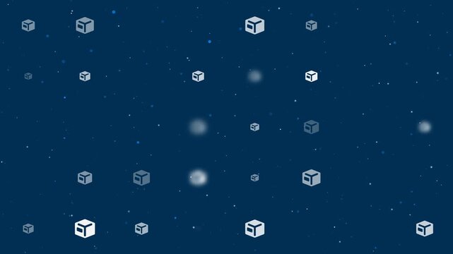 Template animation of evenly spaced package box symbols of different sizes and opacity. Animation of transparency and size. Seamless looped 4k animation on dark blue background with stars