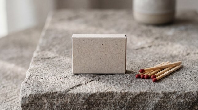Blank kraft paper matchbox mockup on rough stone surface