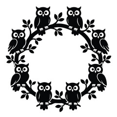 Fototapeta premium Cute owl pairs perched on branches, circular wreath Editable eps