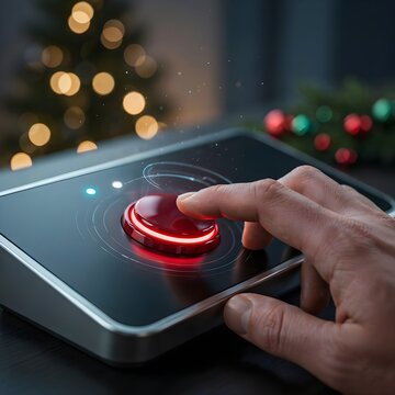 Futuristic Control Panel with Red Button and Christmas Lights