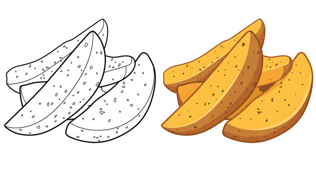 crispy fried potato wedges side by side coloring book page line art outline and colored vector illustration on white background fast food snack clip art element for menu and kids activity