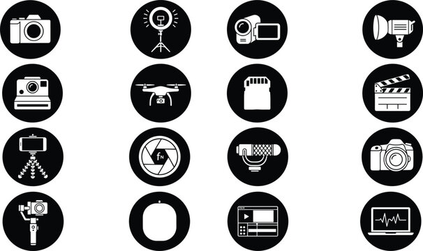 Photography and Video Production Black Circle Icon Set with Camera Drone Ring Light Microphone and Editing Symbols for Multimedia Content Creator Website Designs