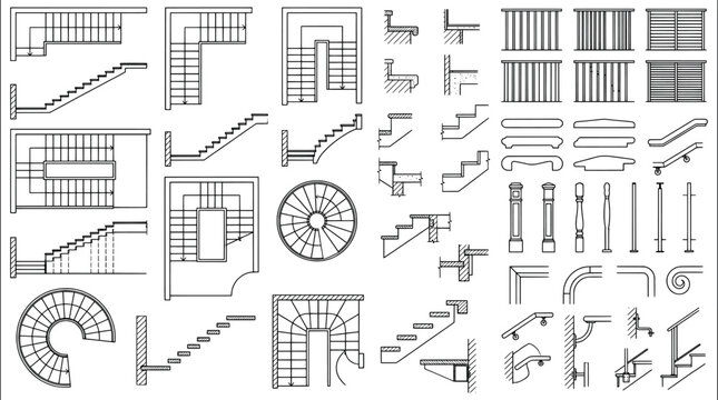 Architectural staircase details, sections, and railing elements for building design and construction, isolated on white background