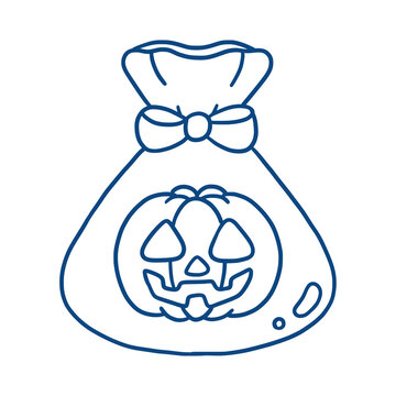 A blue line art illustration of a cute halloween gift sack with a jackolantern pumpkin design transparent background