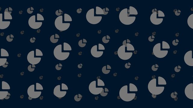 Pie chart symbols float horizontally from left to right. Parallax fly effect. Floating symbols are located randomly. Seamless looped 4k animation on dark blue background