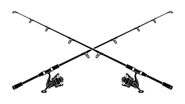 Crossed fishing rods silhouette vector illustration featuring detailed spinning reels designed in a clean minimalist black and white graphic style