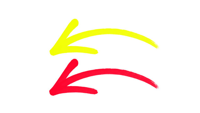 Hand painted yellow and red arrow sketch pointing to the left, drawn with a thick marker pen and isolated on white, a set of two curved arrows, with a natural hand made look, uneven edges and a friend