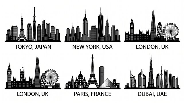 Black vector silhouettes of famous world city skylines including Tokyo, New York, London, Paris, and Dubai