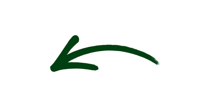 Hand drawn dark green arrow pointing left, a bold marker brush stroke direction symbol isolated on a clean white background, drawn as a wide curved swoosh, with a natural hand made look, uneven edges 